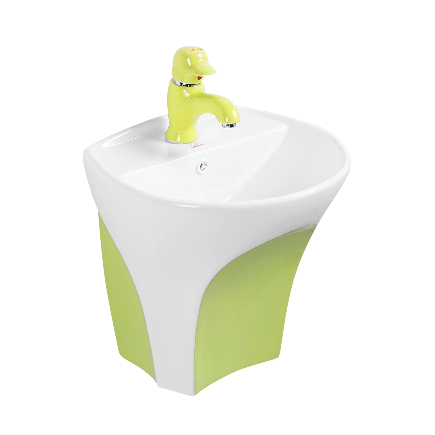 green and white children's wall-hung basin, ceramic kids sink suitable for kindergarten, nursery school, daycare, preschool